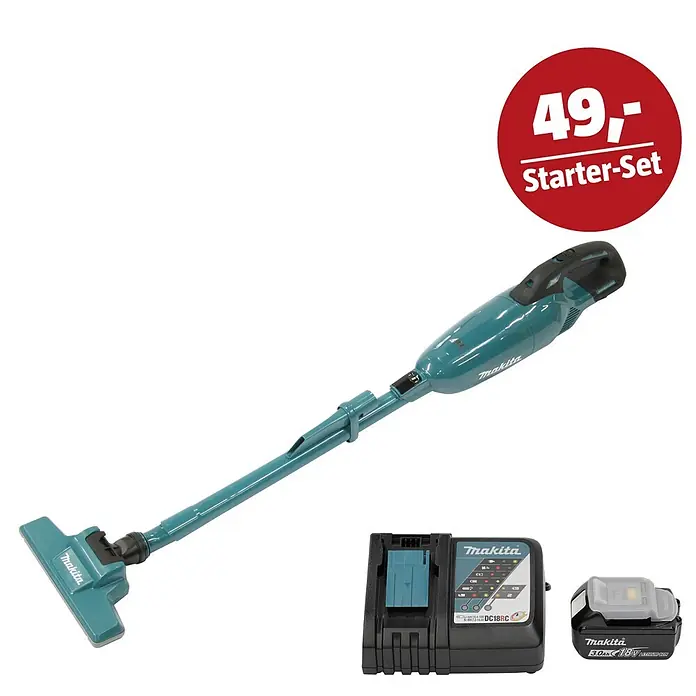 Makita LXT 18V Maschinen-Set - Akku-Staubsauger DCL283FZ, Ladegerät & 3 Ah Akku - Makita Akku-Stielstaubsauger-Set in Türkis und Schwarz, inklusive Akku und Ladegerät, als "Starter-Set" gekennzeichnet.