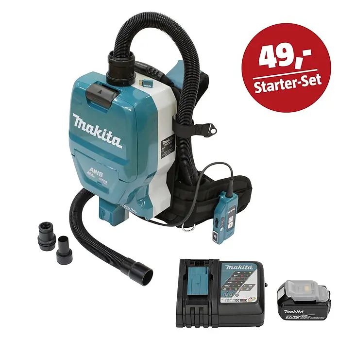Makita LXT 18V Maschinen-Set - Akku-Rucksackstaubsauger DVC265ZXU, Ladegerät & 3 Ah Akku - Makita teal-weißer Rucksackstaubsauger mit schwarzen Schläuchen, Fernbedienung, Ladegerät, Akku und Düsen. Inklusive '49,- Starter-Set' Aktion.