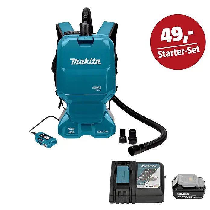 Makita LXT 18V Maschinen-Set - Akku-Rucksackstaubsauger DVC665ZU, Ladegerät & 3 Ah Akku - Makita türkiser 36V Rucksackstaubsauger mit HEPA-Filter, Fernbedienung, Schlauch, Ladegerät und 18V Akku.