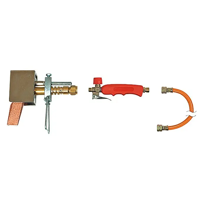 Rothenberger Industrial Dachrinnen-Löt-Set - 250 °C, Windfest - Das Bild zeigt eine Lötpistole mit Griffstück und Gasschlauch, die für präzise Lötarbeiten konzipiert ist.