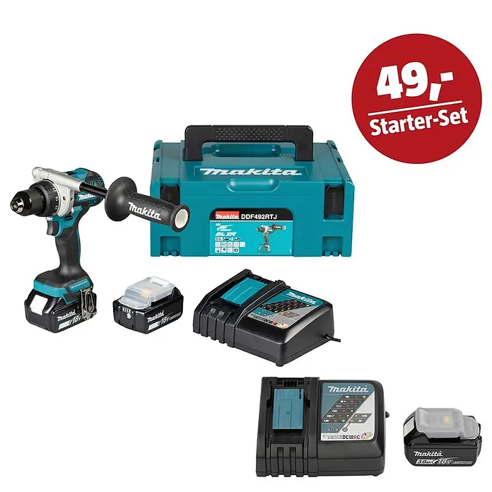 Makita LXT 18V Maschinen-Set - Akku-Bohrschrauber DDF492RTJ, Ladegerät & 3 Ah Akku - Makita Akkubohrer-Set in Türkis und Schwarz, mit Bohrer, zwei Akkus, zwei Ladegeräten und Koffer, sowie rotem '49,- Starter-Set' Zeichen.