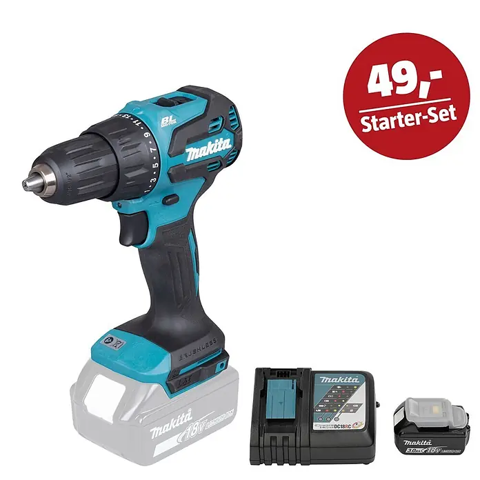 Makita LXT 18V Maschinen-Set - Akku-Schlagbohrschrauber DHP490Z, Ladegerät & 3 Ah Akku - Makita Akku-Bohrschrauber Starter-Set, 49,-, mit Ladegerät und Akku, in Türkis und Schwarz.