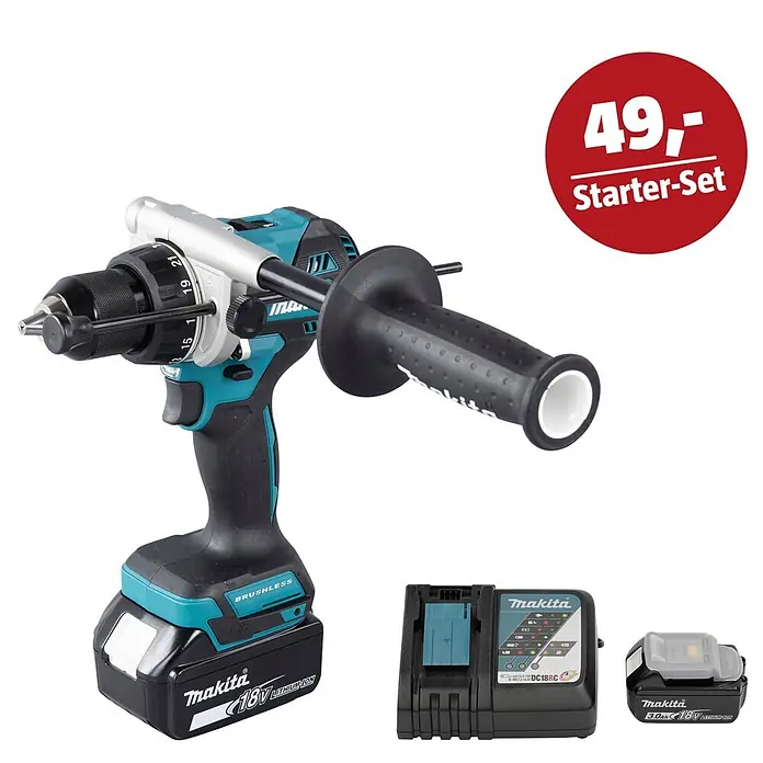 Makita LXT 18V Maschinen-Set - Akku-Schlagbohrschrauber DHP492RTJ, Ladegerät & 3 Ah Akku - Makita Akku-Bohrschrauber in Türkis-Schwarz mit Seitenhandgriff, Akku, Ladegerät und Ersatzakku im Starter-Set.