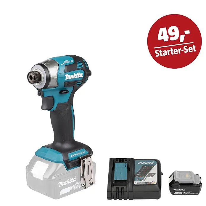 Makita LXT 18V Maschinen-Set - Akku-Schlagschrauber DTD173Z, Ladegerät & 3 Ah Akku - Makita Schlagschrauber in Türkis und Schwarz mit grauem Akkufuß, dazu ein schwarzes Ladegerät und ein schwarzer Akku.