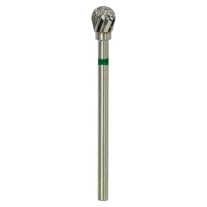 Proxxon Kugelfräser No 28760 - Durchmesser Kopf: 5 mm, Feinkorn-Hartmetall - Das Bild zeigt einen rotierenden Schleifkopf mit einem kugelförmigen Kopf und einem dünnen, geraden Schaft mit einem grünen Band.