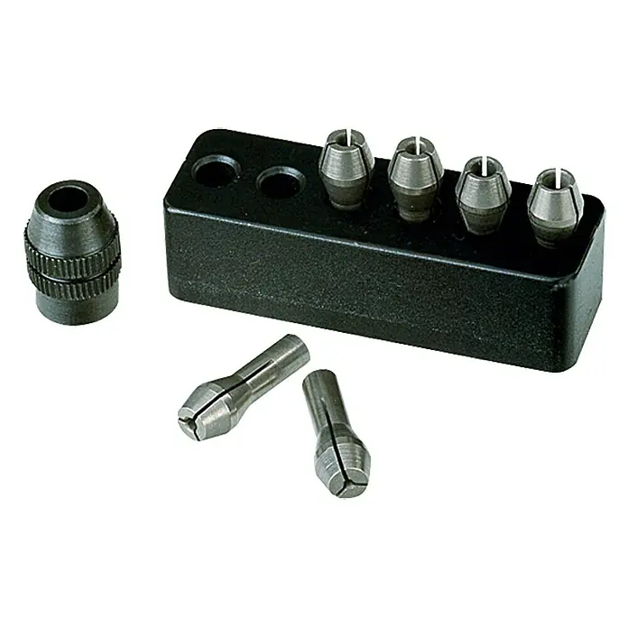 Proxxon Spannzangen No 28940 - M 8, 5 Stk., Stahl - Bild eines Sets mit Präzisionsspannzangen verschiedener Größen für eine sichere Werkzeugaufnahme, inklusive Halterung.
