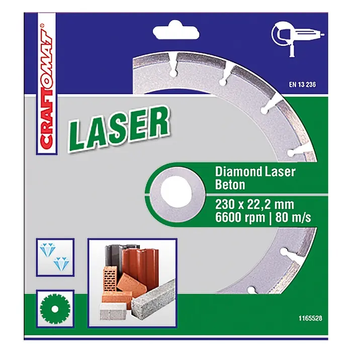Craftomat Disco de corte Láser - Orificio: 22,23 mm, Diámetro del disco: 230 milímetros (mm) - Imagen de un disco de corte de diamante láser para hormigón Craftomat con dimensiones 230 x 22,2 mm y 6600 rpm | 80 m/s.
