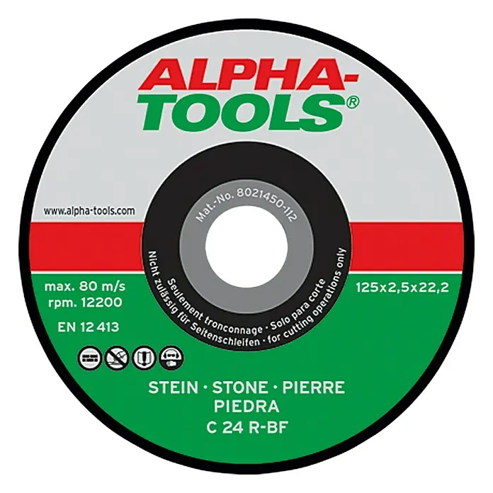 Alpha Tools Disco de corte C 24R-BF - 125 mm, Espesor disco: 2,5 mm, 10 ud., Apto para: Piedra - Imagen del producto de un disco de corte Alpha-Tools para piedra, 125x2,5x22,2 mm, máx. 80 m/s, velocidad 12200, según EN 12413.