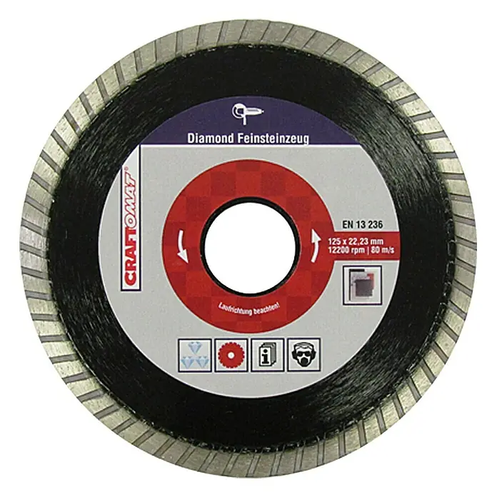 Craftomat Disco de corte Express - Diámetro: 125 mm, Orificio: 22,23 mm - Imagen de un disco de corte de diamante Craftomat para gres porcelánico fino, ideal para cortar baldosas de gres porcelánico fino con alta precisión.