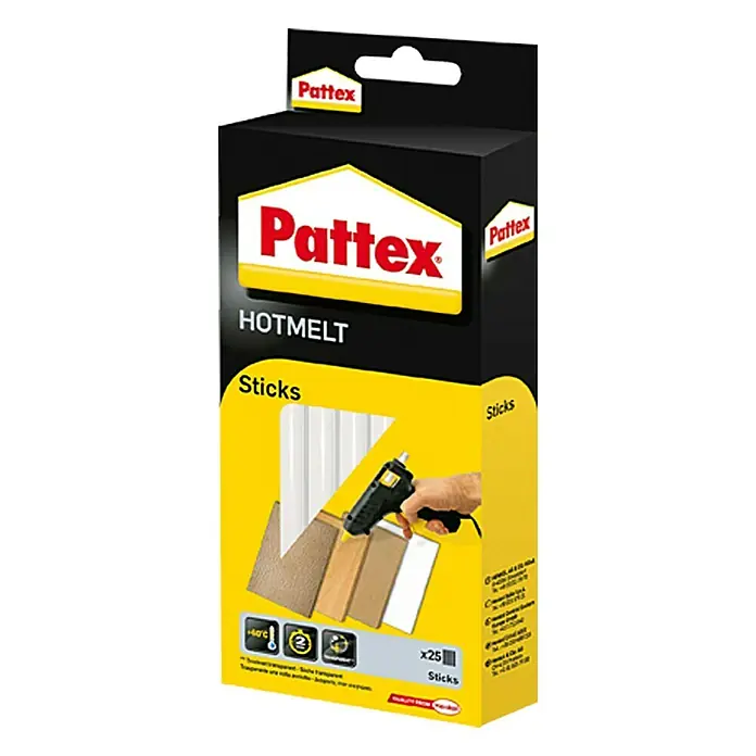 Pattex Klebepatronen25 Stk., Durchmesser Klebepatrone: 11 mm - Das Bild zeigt eine Packung Pattex Hotmelt Klebesticks mit einer Heißklebepistole und verschiedenen Materialien. Ideal für Bastelarbeiten und Reparaturen.