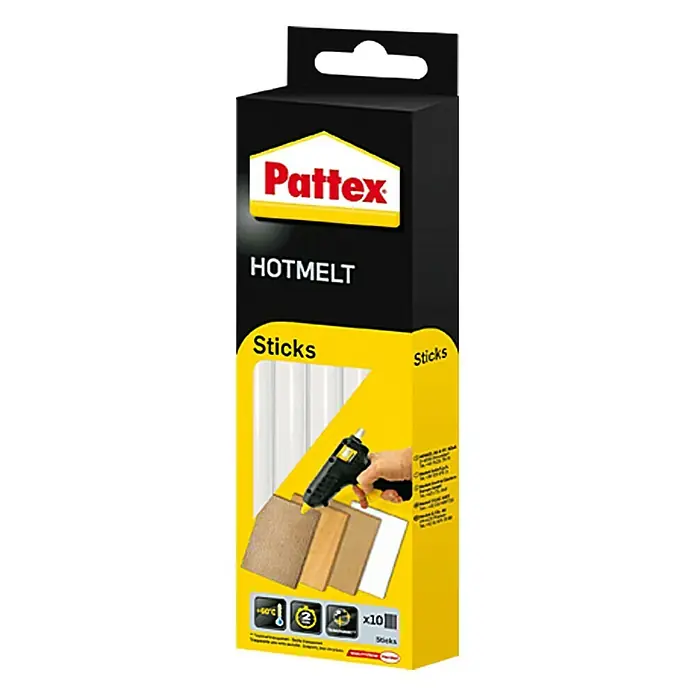 Pattex Klebepatronen - 10 Stk., Durchmesser Klebepatrone: 11 mm - Bild einer Pattex Hotmelt Sticks-Packung, ideal zum Basteln und für Reparaturen im Haushalt. Praktisch und vielseitig einsetzbar.