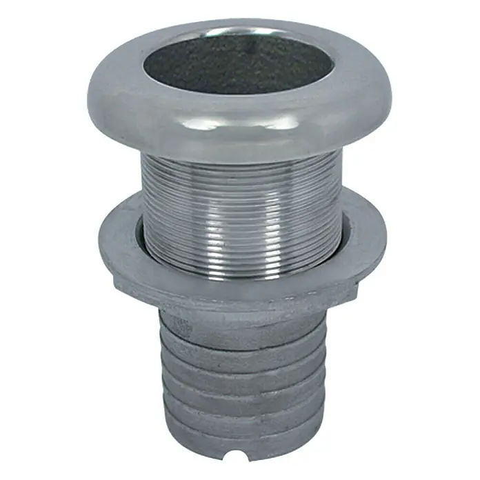 Borddurchlass - 86 mm, ¾″, Edelstahl - Ein silberner Borddurchlass aus Metall für Boote mit Gewinde und Schlauchanschluss.
