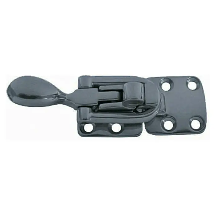 Marinetech Überfallscharnier - L x B: 37 x 37 mm, Edelstahl, A4 - Das Bild zeigt einen robusten, dunkelgrauen Verschlussriegel aus Metall, der sich ideal für Kisten und Behälter eignet.