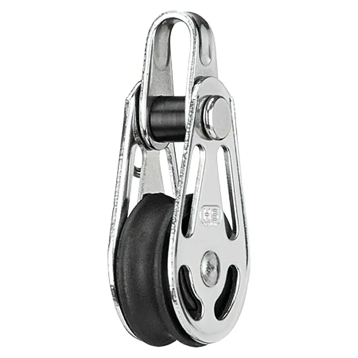 Sprenger Mini-Block - 6 mm, Mit Bügel, 1 Rolle, 25 x 9,2 mm, Arbeitslast: 175 kg - Nahaufnahme eines einzelnen Umlenkblocks aus Edelstahl mit schwarzem Rad.