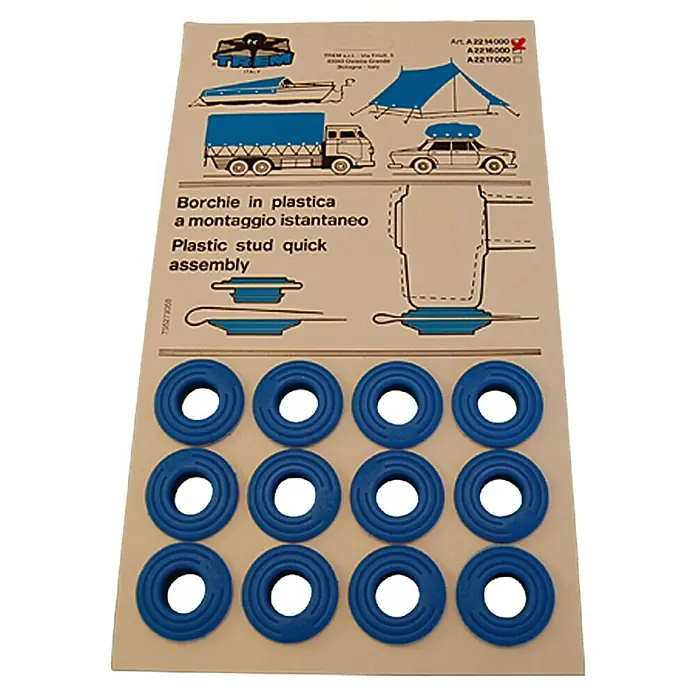 Rundkausche - Blau, 15 mm, Kunststoff, 12 Stk. - Kunststoffdruckknöpfe zur schnellen Montage, ideal für Boote, Planen und Abdeckungen. Schnelle und einfache Installation für vielseitige Anwendungen.