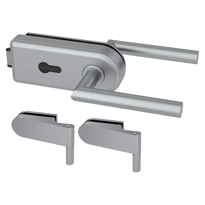 Diamond Doors Glastürbeschlag Sky PZ - Aluminium EV1, Bandbohrung/Bänder: Studio 2-teilig, Verschließbar - Silberfarbener Glas-Türgriff mit Schlüsselloch und zwei passenden Bändern.