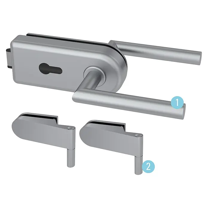 Diamond Doors Glastürbeschlag Sky PZ - Aluminium EV1, Bandbohrung/Bänder: Studio 2-teilig, Verschließbar - Silberfarbenes Glastürschloss-Set mit Griff und zwei Glasbändern.