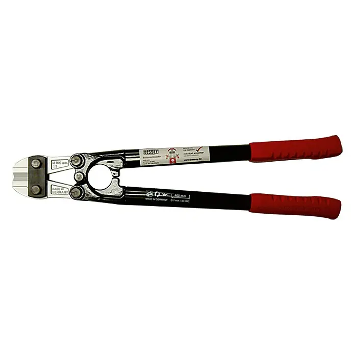 Bessey Bolzenschneider D92-450 - Länge: 460 mm - Bild einer Bolzenschere von Bessey, ideal zum Schneiden von Metall. Das Werkzeug hat rote Griffe und schwarze Arme.