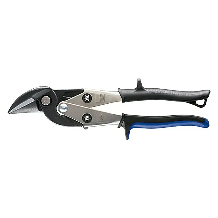 Wisent Figuren-Durchlauf-Schere - Länge: 240 mm, Materialstärke: 1,2 mm - Abgebildete Blechschere mit blau-schwarzem Griff. Ideal für präzise Schnitte in Blechmaterialien und andere Werkstoffe.