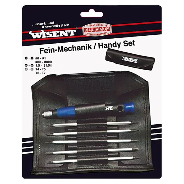 Wisent Feinmechanik-Handy-Set - 6 -tlg. - Bild eines Feinmechanik-Handy-Sets von Wisent mit verschiedenen Schraubendrehern und Zubehör in einer schwarzen Tasche.