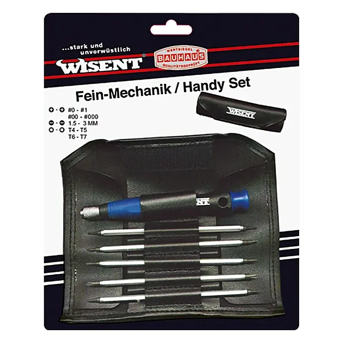 Wisent Feinmechanik-Handy-Set - 6 -tlg. - Bild eines Feinmechanik-Handy-Sets von Wisent mit verschiedenen Schraubendrehern und Zubehör in einer schwarzen Tasche.