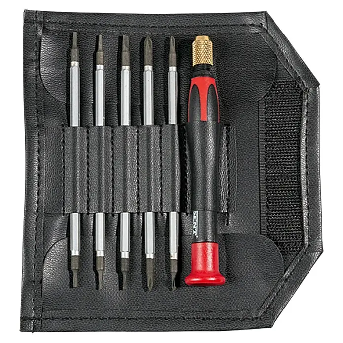 Wisent Feinmechanik-Handy-Set - 6 -tlg. - Ein Set von Präzisionsschraubendrehern in einer schwarzen Ledertasche, ideal für feine Reparaturen und Elektronikarbeiten.