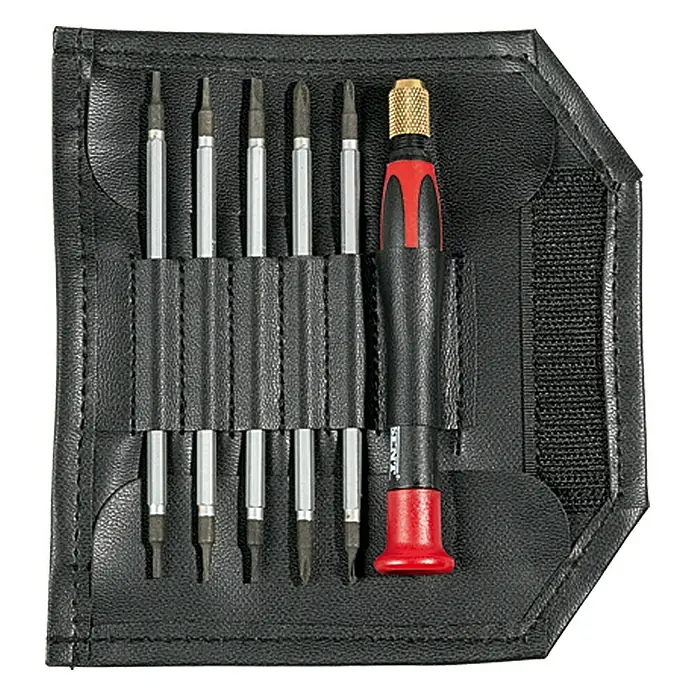 Wisent Feinmechanik-Handy-Set - 6 -tlg. - Ein Set von Präzisionsschraubendrehern in einer schwarzen Ledertasche, ideal für feine Reparaturen und Elektronikarbeiten.