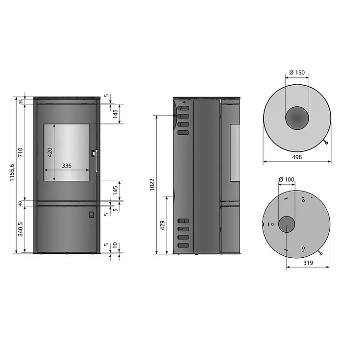 Justus Kaminofen Faro C - 6 kW, Raumheizvermögen: 115 m³, Schwarz - Technische Zeichnung eines dunkelgrauen zylindrischen Kaminofens mit Glastür und Maßen aus mehreren Ansichten.