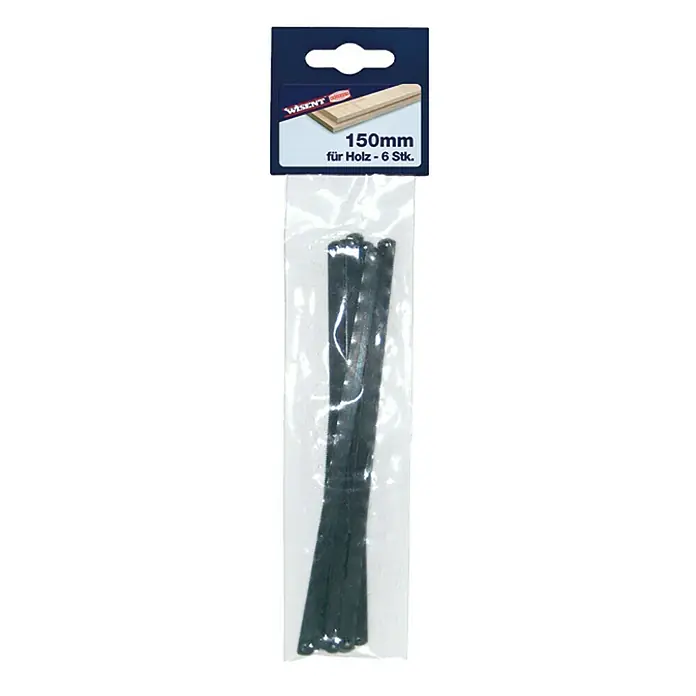 Wisent Hoja de sierra de repuesto - Acero, Ámbito de uso: Madera, Longitud de hoja: 150 mm, 6 ud. - Imagen de un paquete de 6 espigas de madera, de 150 mm de largo. Ideal para proyectos de carpintería y para unir piezas de madera.