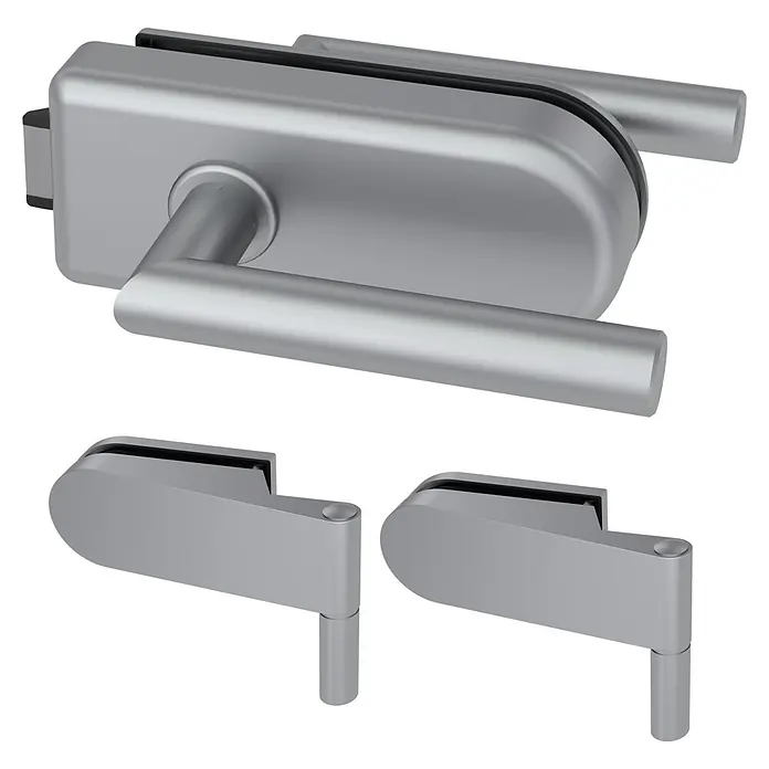 Diamond Doors Glastürbeschlag Sky UV - Aluminium EV1, Bandbohrung/Bänder: Studio 2-teilig, Unverschließbar - Silbernes Glastürschloss mit Griff und zwei passenden Scharnieren.