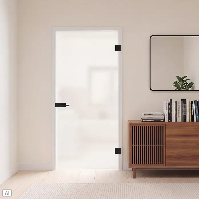 Diamond Doors Black Edition Glastürbeschlag Style Premium UV - Schwarz, Bandbohrung/Bänder: Office 3-teilig, Unverschließbar - Milchglastür mit eleganten schwarzen Beschlägen in einem modernen, hellen Raum.