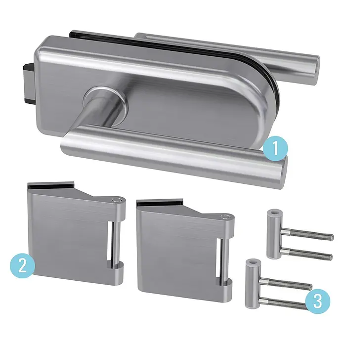 Diamond Doors Glastürbeschlag Sky UV - Edelstahloptik, Bandbohrung/Bänder: Office 3-teilig, Unverschließbar - Türschloss-Set aus gebürstetem Edelstahl für Glastüren mit Griff, Scharnieren und Bolzen.