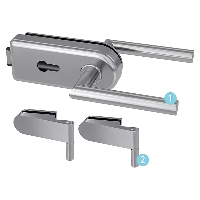 Diamond Doors Glastürbeschlag Sky PZ - Edelstahloptik, Bandbohrung/Bänder: Studio 2-teilig, Verschließbar - Set aus gebürstetem Metall-Türgriff mit integriertem Schloss und zwei passenden Scharnieren.