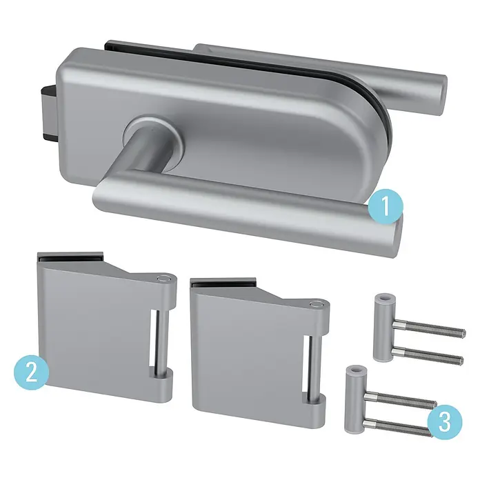 Diamond Doors Glastürbeschlag Sky UV - Aluminium EV1, Bandbohrung/Bänder: Office 3-teilig, Unverschließbar - Silberfarbenes Glastürschloss mit Griffen, zwei Scharnieren und zwei Scharnierstiften zur Montage.