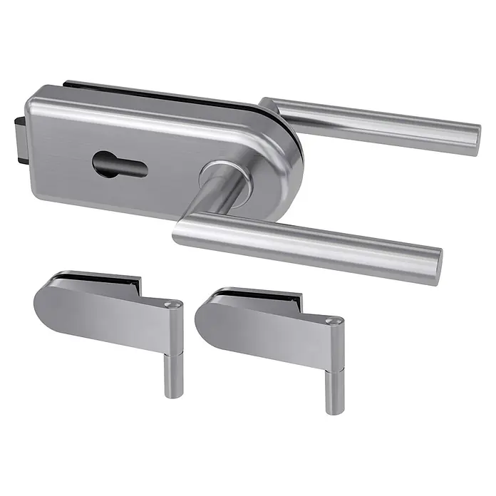 Diamond Doors Glastürbeschlag Sky PZ - Edelstahloptik, Bandbohrung/Bänder: Studio 2-teilig, Verschließbar - Gebürsteter Edelstahl Glas Türbeschlag mit Schloss und zwei passenden Scharnieren.
