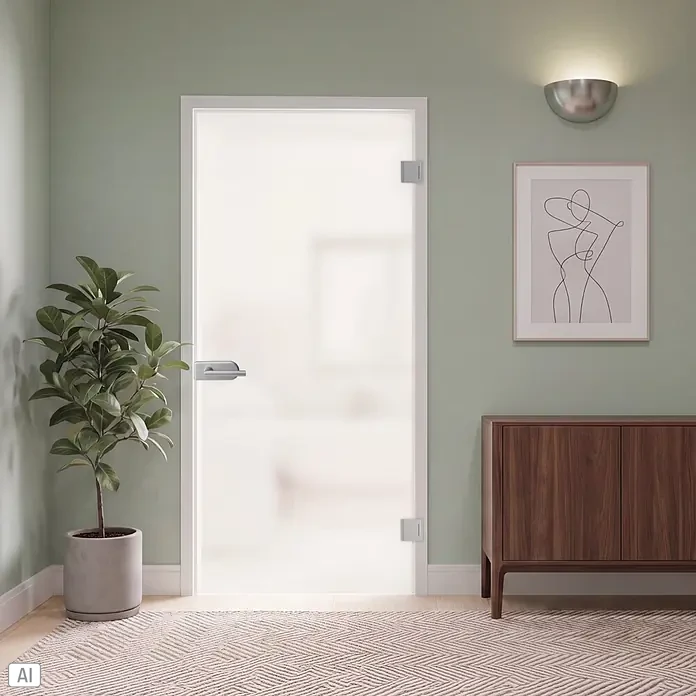 Diamond Doors Glastürbeschlag Sky UV - Aluminium EV1, Bandbohrung/Bänder: Office 3-teilig, Unverschließbar - Milchglastür mit silbernem Griff und Scharnieren, in einem Raum installiert.