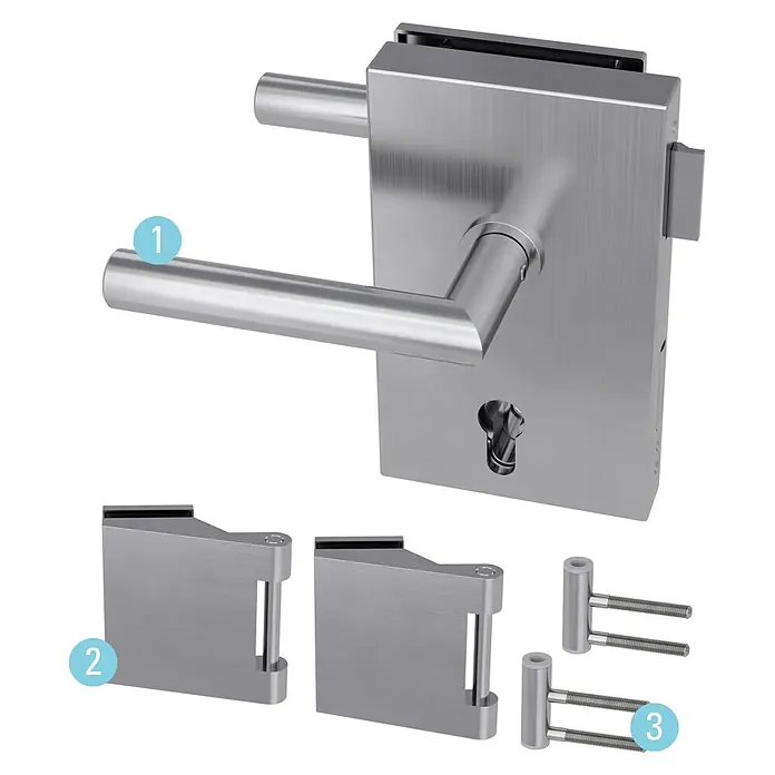 Diamond Doors Glastürbeschlag Quattro - Edelstahl matt, Bandbohrung/Bänder: Office 3-teilig, DIN Anschlag: Links - Gebürstetes Edelstahl Glas Türschloss-Set mit Griff, Schlüsselloch, zwei Scharnieren und zwei Befestigungsbolzen.