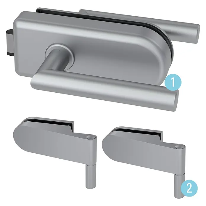 Diamond Doors Glastürbeschlag Sky UV - Aluminium EV1, Bandbohrung/Bänder: Studio 2-teilig, Unverschließbar - Silbergraues Glastürschloss mit Griff und zwei passenden Scharnieren.