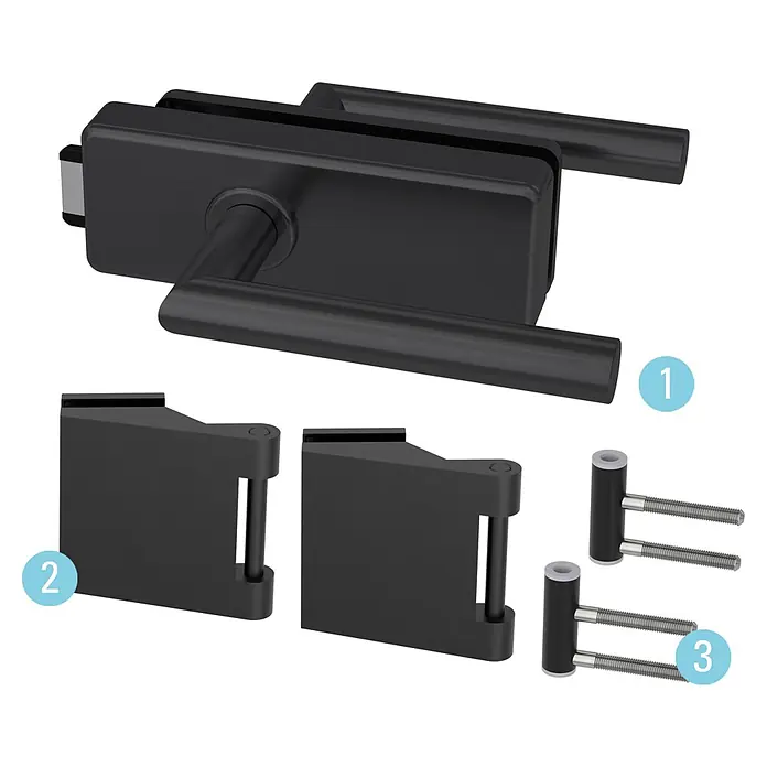 Diamond Doors Black Edition Glastürbeschlag Style Premium UV - Schwarz, Bandbohrung/Bänder: Office 3-teilig, Unverschließbar - Schwarzes, gebürstetes Metall-Türgriffset für Glastüren, zerlegt mit Griffen, Abdeckungen und Befestigungsschrauben.