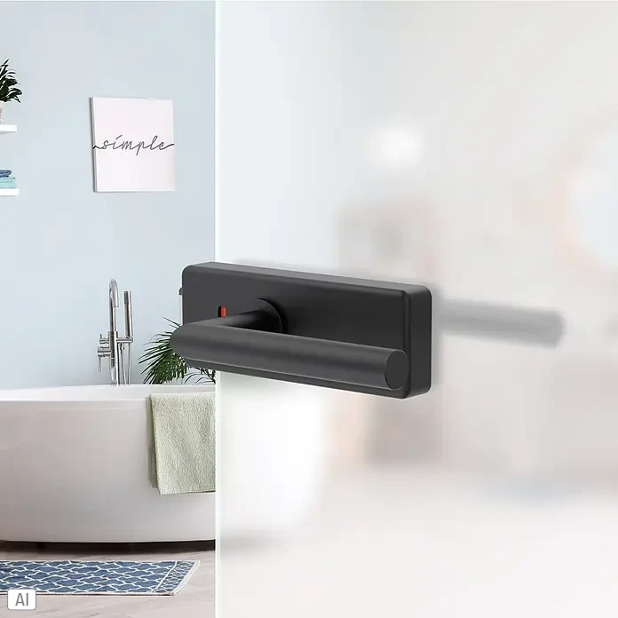 Diamond Doors Black Edition Glastürbeschlag Style Premium WC - Schwarz, Bandbohrung/Bänder: Office 3-teilig, WC-Schloss - Schwarzer Türgriff mit roter Anzeige an einer satinierten Badezimmertür aus Glas.