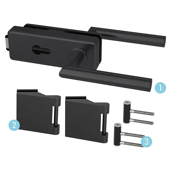 Diamond Doors Black Edition Glastürbeschlag Style Premium PZ - Schwarz, Bandbohrung/Bänder: Office 3-teilig, Verschließbar - Set aus schwarzem Glas-Türgriff und Scharnieren mit Befestigungsschrauben.