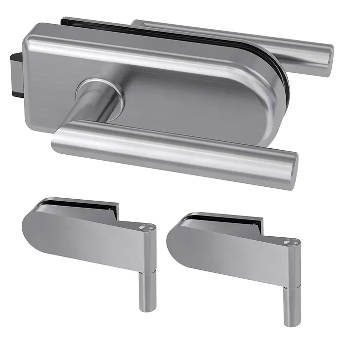 Diamond Doors Glastürbeschlag Sky UV - Edelstahloptik, Bandbohrung/Bänder: Studio 2-teilig, Unverschließbar - Türgriffgarnitur und zwei passende Bänder aus gebürstetem Metall für Glastüren.