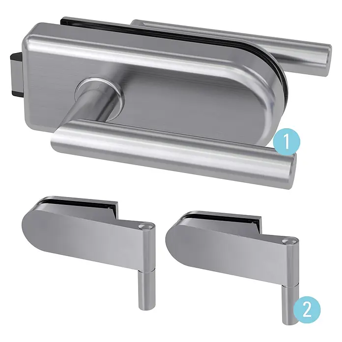 Diamond Doors Glastürbeschlag Sky UV - Edelstahloptik, Bandbohrung/Bänder: Studio 2-teilig, Unverschließbar - Gebürstetes Edelstahl-Türgriffset und zwei Scharniere für Glastüren.