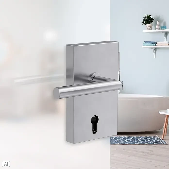 Diamond Doors Glastürbeschlag Quattro - Edelstahl matt, Bandbohrung/Bänder: Office 3-teilig, DIN Anschlag: Links - Türgriffgarnitur aus gebürstetem Edelstahl an mattierter Glastür, die zu einem Badezimmer führt.