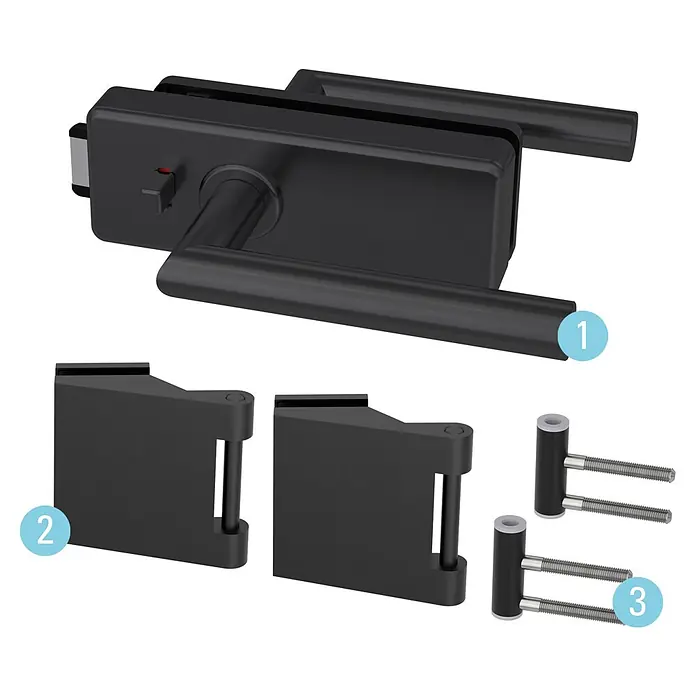 Diamond Doors Black Edition Glastürbeschlag Style Premium WC - Schwarz, Bandbohrung/Bänder: Office 3-teilig, WC-Schloss - Schwarzer mattierter Glastürgriff-Satz mit innenliegendem Verschluss, inklusive zwei Befestigungsklemmen und Schrauben.