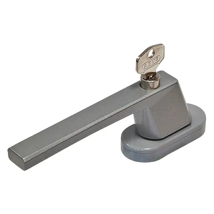 Abus Fenstergriff FG 110 - Silber, Abschließbar - Das Bild zeigt einen Fenstergriff mit Schlüssel. Er ist aus Metall und in einem Grauton gehalten.