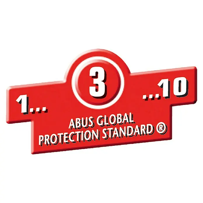 Abus Fenstergriff FG 210Silber, Abschließbar - ABUS Global Protection Standard-Logo, das das Schutzniveau des Produkts mit einer Bewertung von 3 angibt.