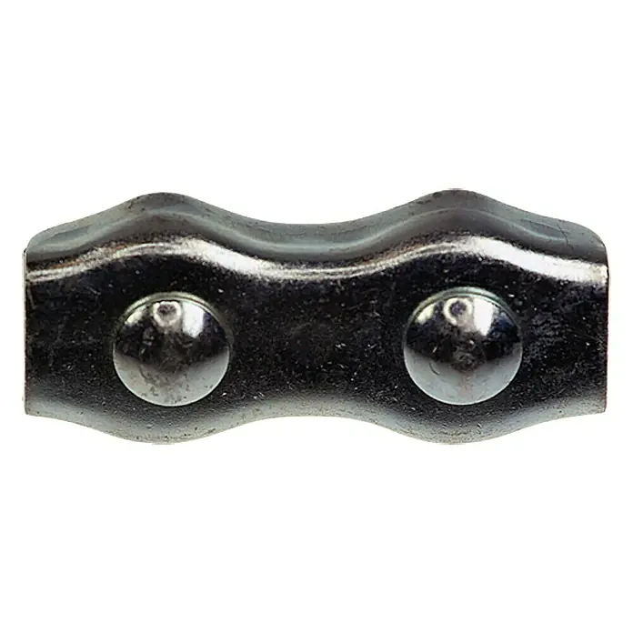 Stabilit Duplex-Klemme - 4 mm - 6 mm, Stahl, Galvanisch verzinkt, 1 Stk. - Dieses Bild zeigt eine Drahtseilklemme aus Metall mit zwei Schrauben, die das Kabel sichern. Sie ist glänzend und hat eine robuste Bauweise.