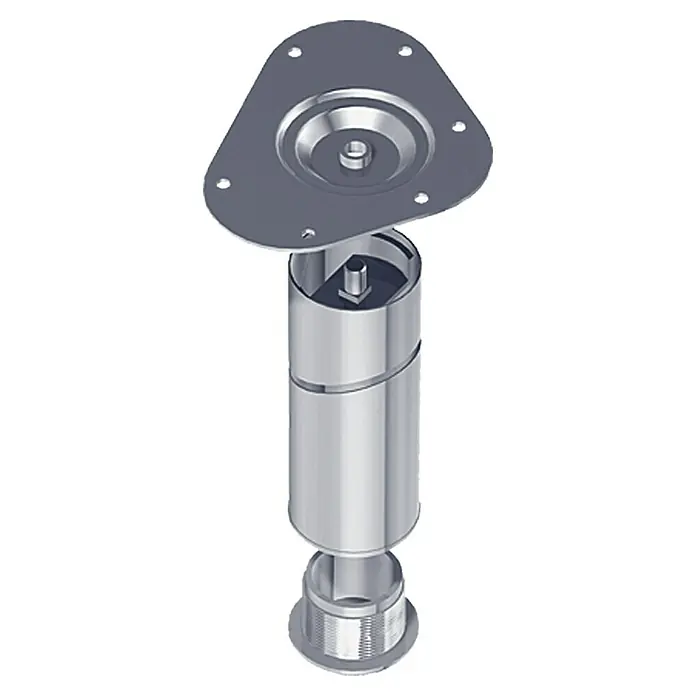 Element System Möbelfuß - Ø x H: 6 x 40 cm, Traglast: 75 kg, Stahl, Weiß/Aluminium - Das Bild zeigt ein verstellbares Möbelbein mit einer dreieckigen Montageplatte, das für Stabilität und Anpassungsfähigkeit in verschiedenen Umgebungen sorgt.