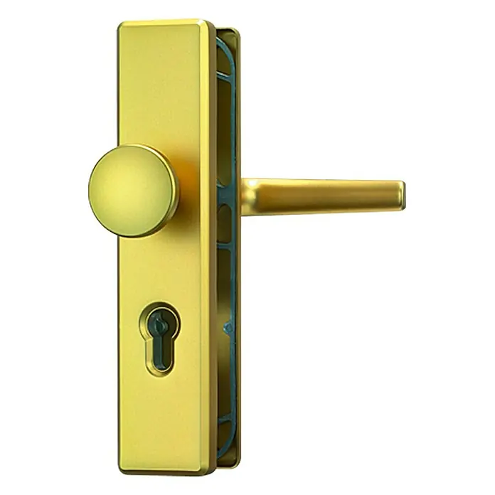 Abus Schutzbeschlag HLN 414 - Hauseingangstür, Stärke Tür: 52 mm - 67 mm, Messing, Knopf außen, Drücker innen - Nahaufnahme eines goldenen Türgriffs mit Schlüsselloch und einem runden Drehknopf an einer rechteckigen Platte.